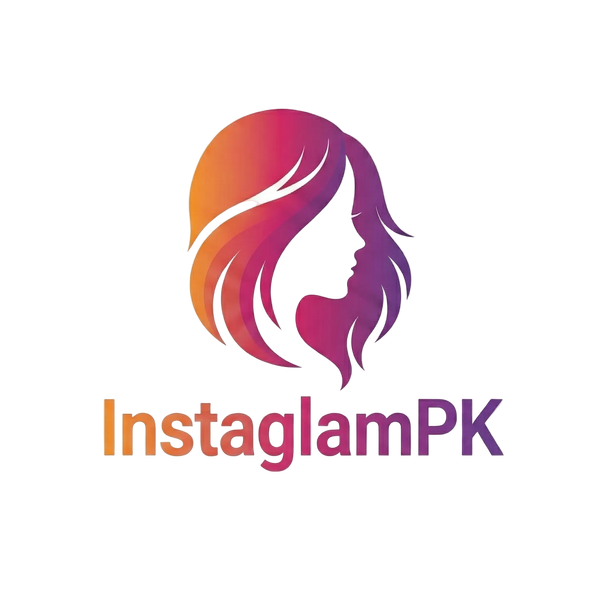 Logo of 'Instaglam PK' with a stylized silhouette of a woman's head and colorful hair on a white background.